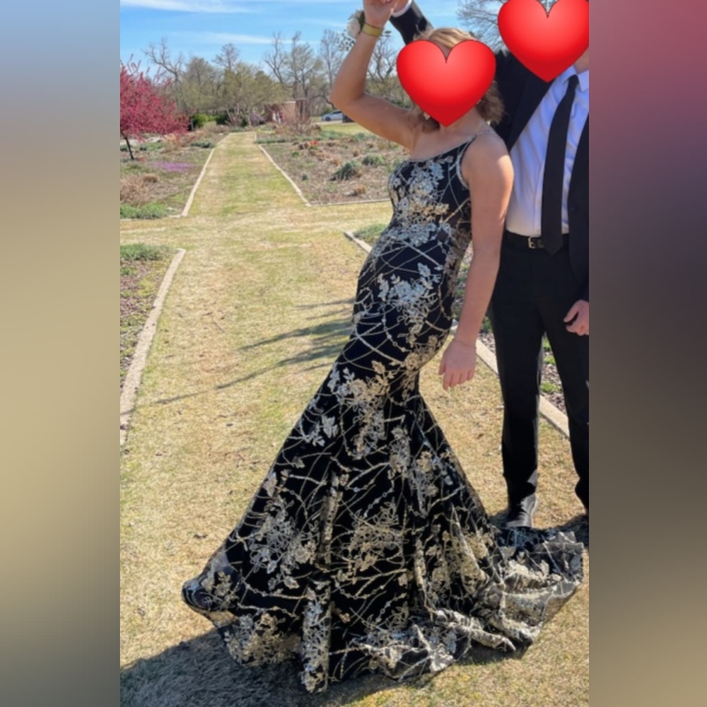 Black and gold long prom dress
